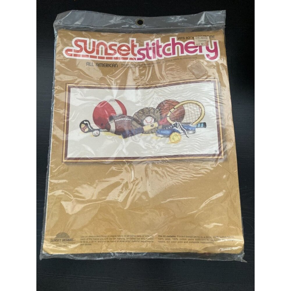 Sunset Stitchery All American Embroidery Kit Fits 10”X20” Frame Vintage Sports